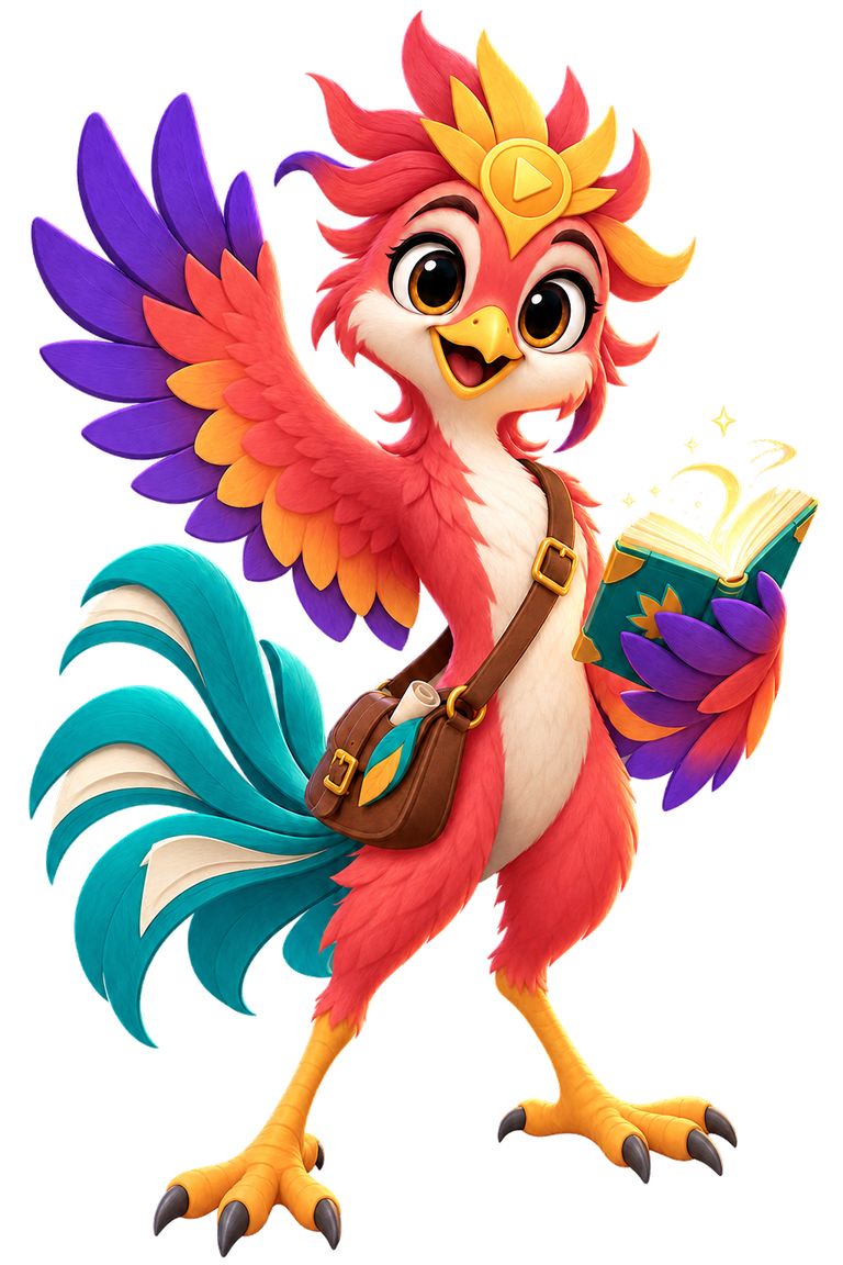 Pip the Risebird, waving while holding a glowing book